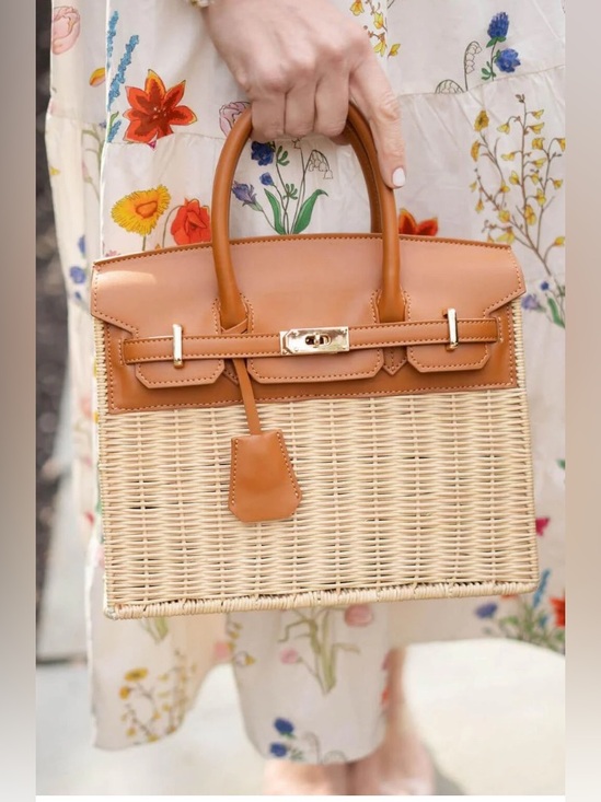 The Unbranded Brand Handbags - Woven Rattan Tote Handbag with Tan Faux Leather Trim